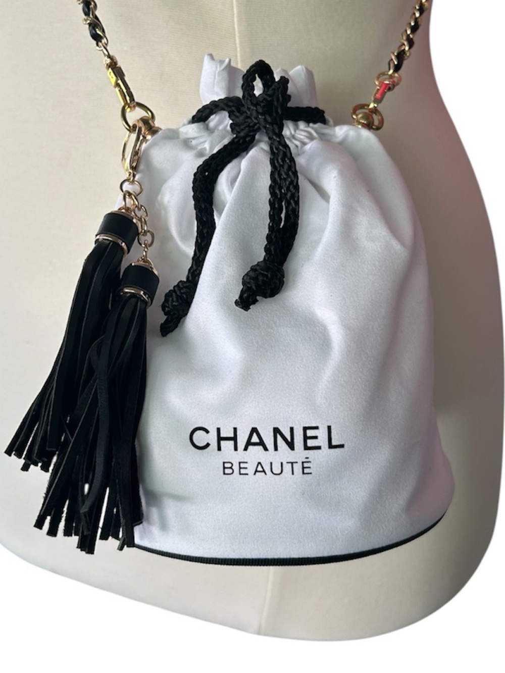 CHANEL Beaute White & Black Drawstring Tassel Crossbody Mini Bag